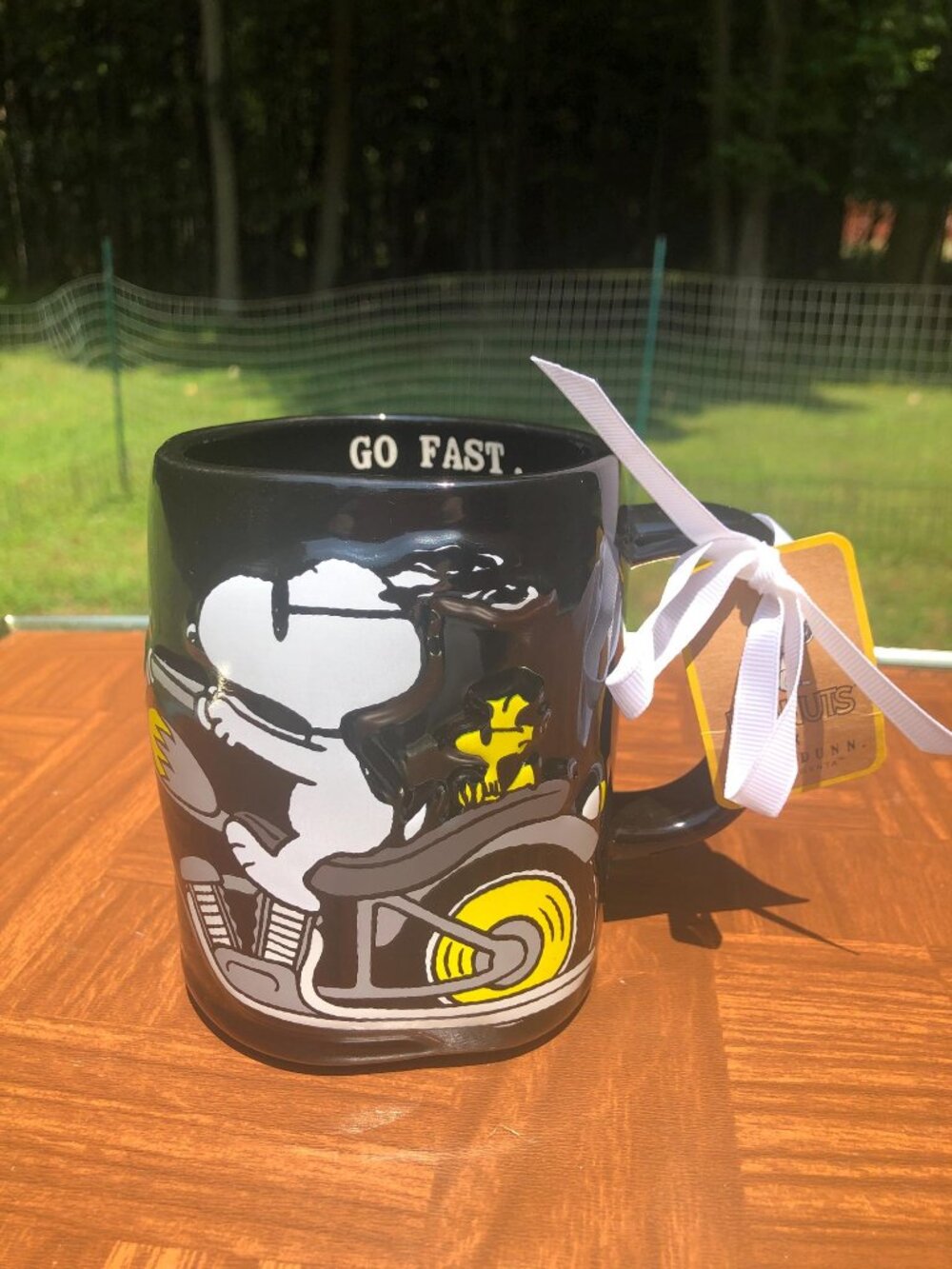 NWT Rae Dunn Peanuts Snoopy Motorcycle Mug: "Go Fast" Black Ceramic